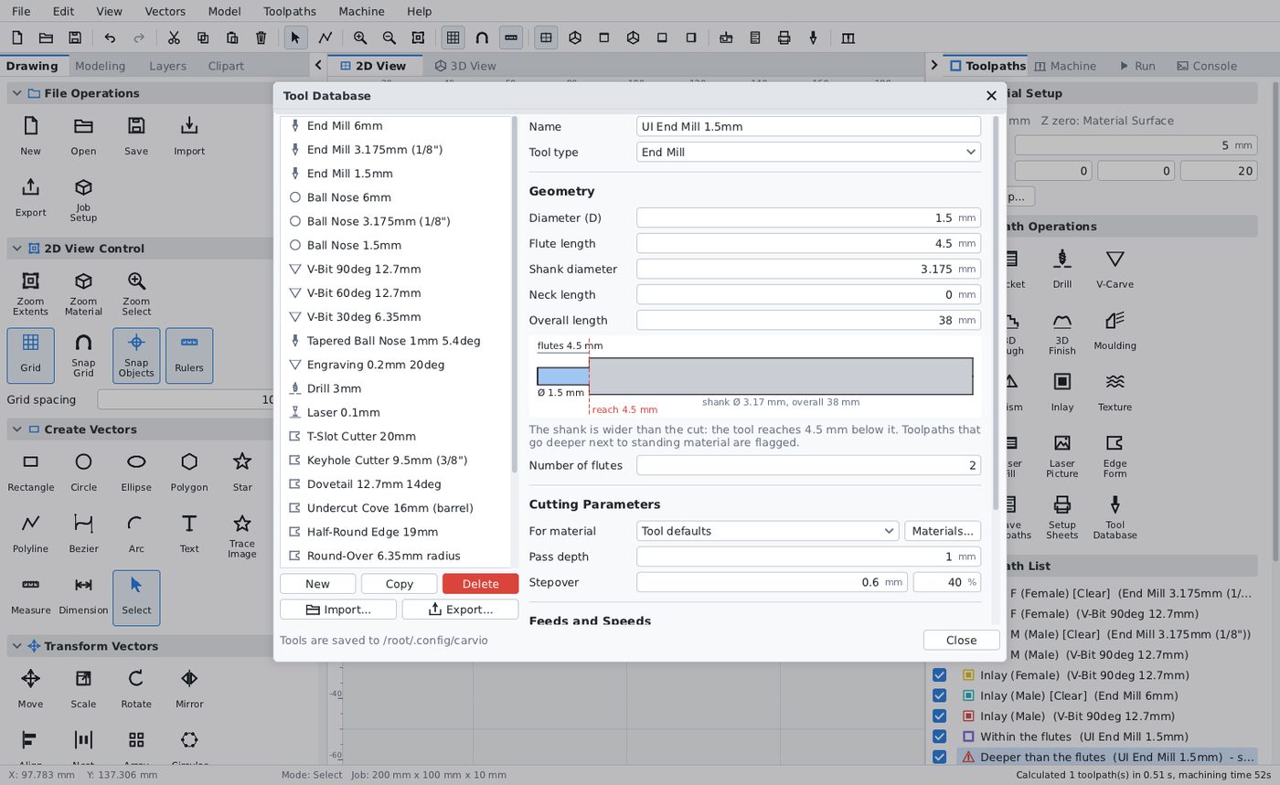 The Carvio tool database showing a 1.5 mm end mill on a 3.175 mm shank